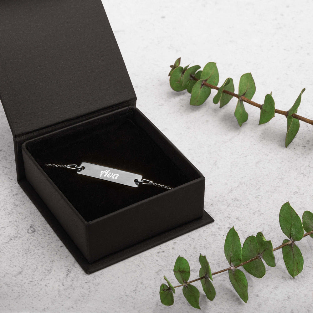 Ava Name Engraved Silver Bar Chain Bracelet