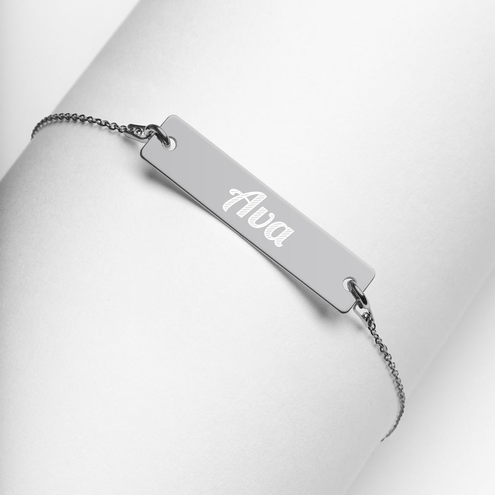 Ava Name Engraved Silver Bar Chain Bracelet