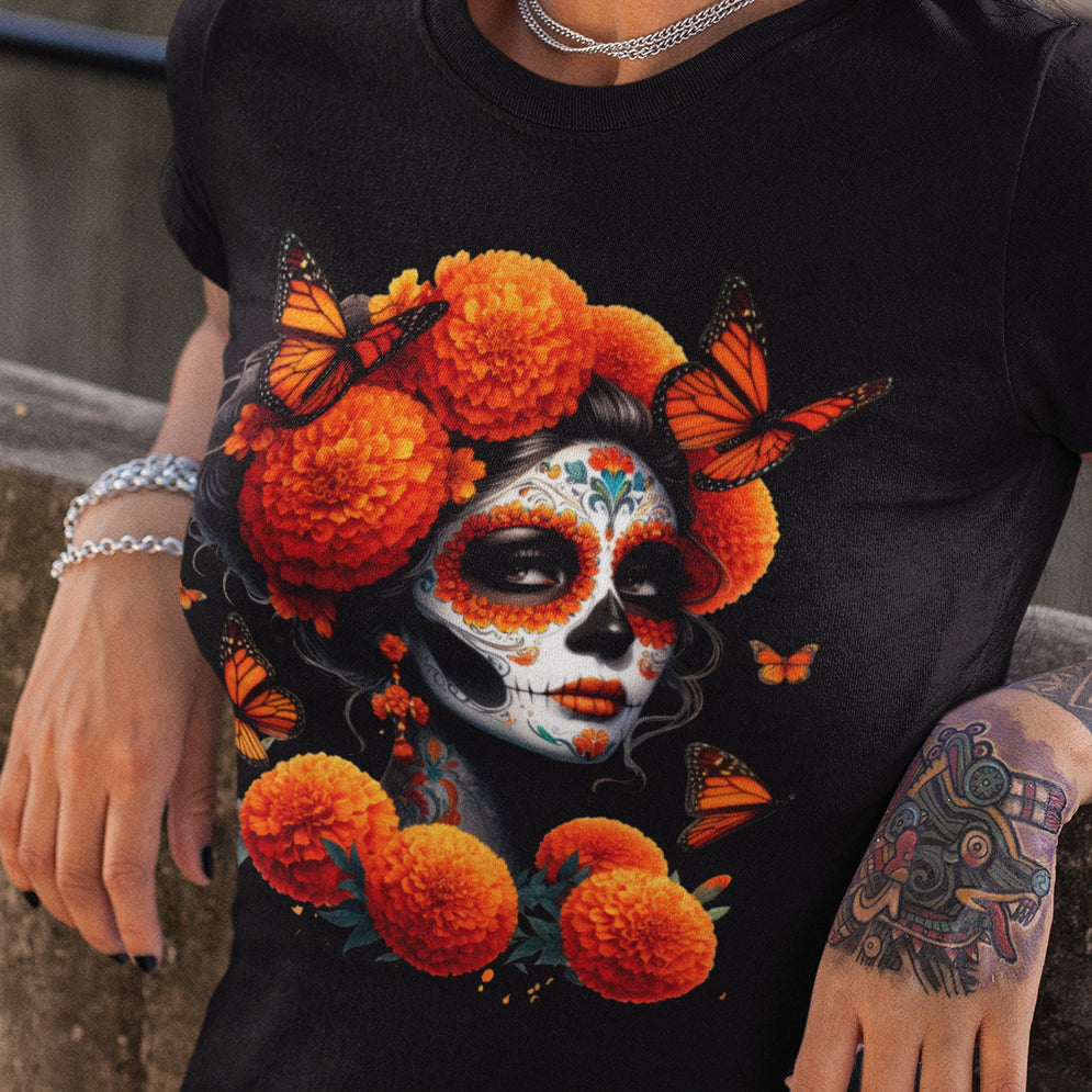 dia de los muertos shirts, candles and wall art