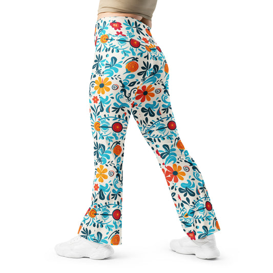 Whispering Turquois Floral Printed Bell Bottom Flare leggings