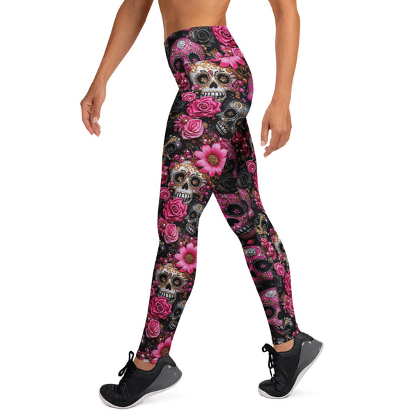 Pink Floral Sugar Skull High Waisted Yoga Leggings