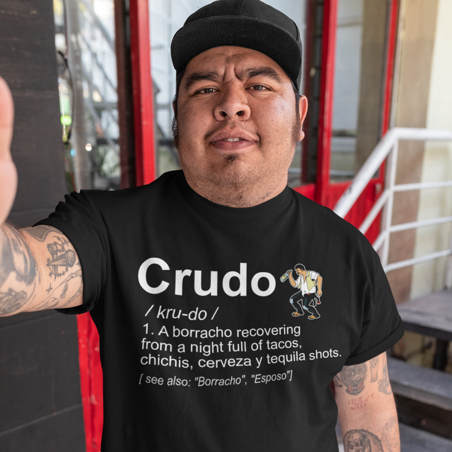 crudo funny latino shirt. A recovering borracho from a night full of tacos, chichis, cerveza y tequila shots.